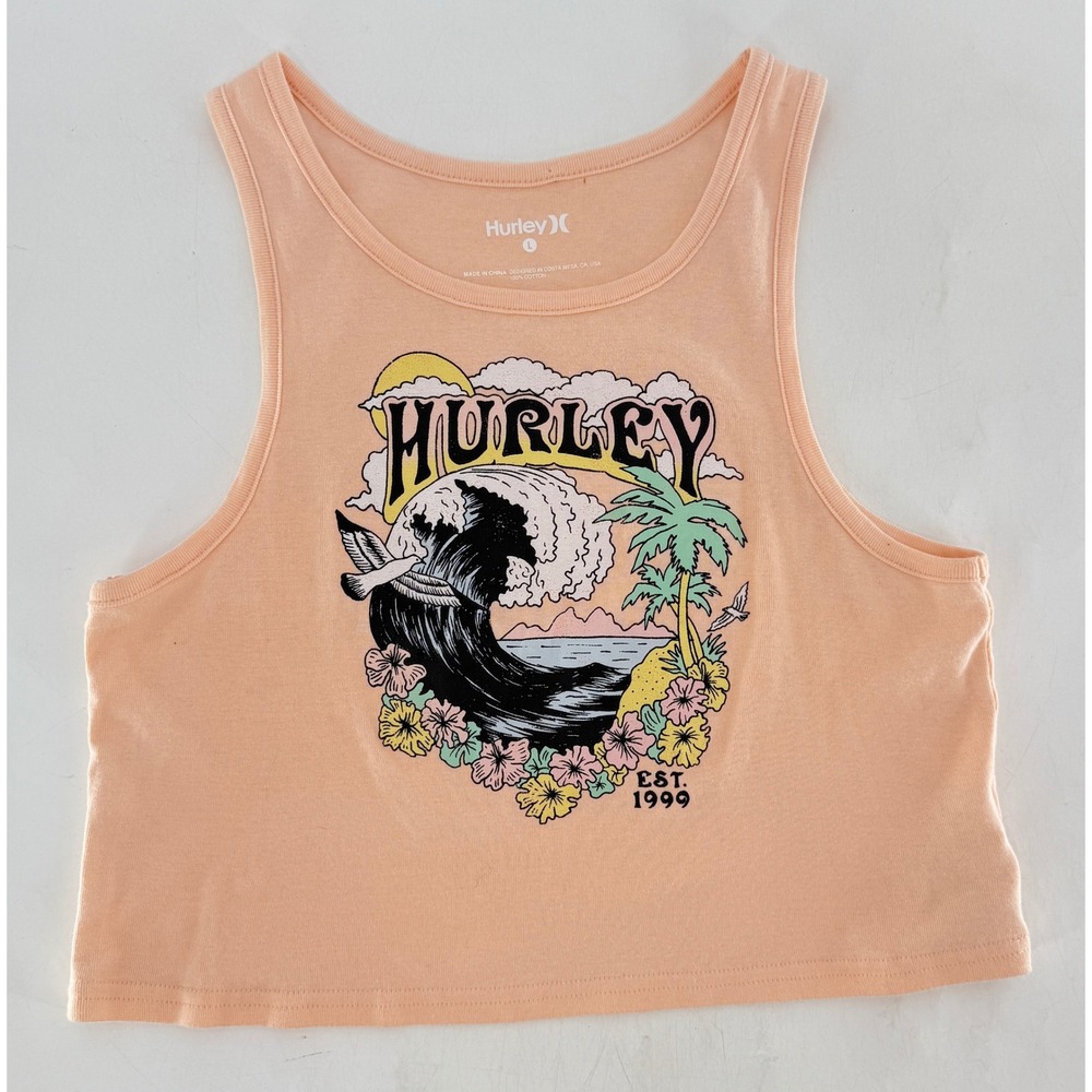 Hurley Women's Graphic Tank Top Peach Wave Palm Tree Cropped Sz L Boho Surfer
